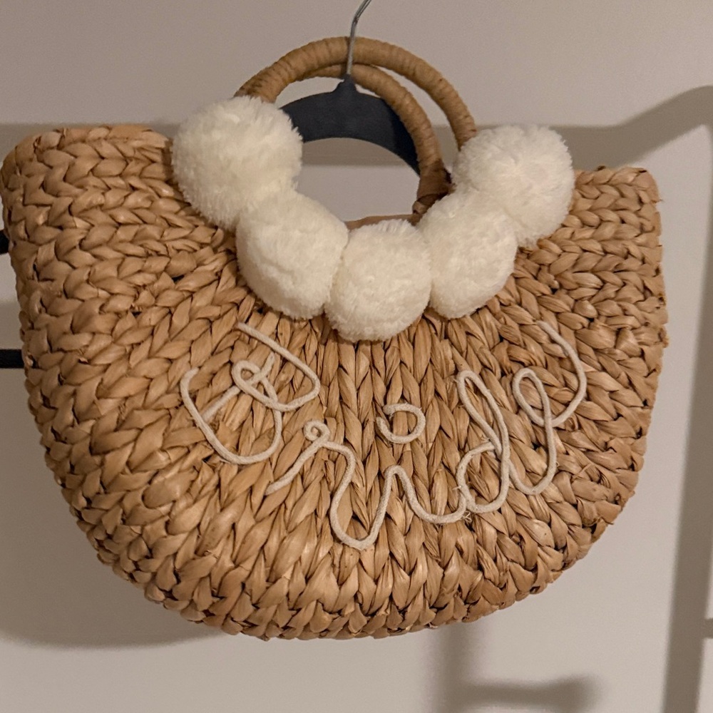 Woven Tote with White Pom Poms